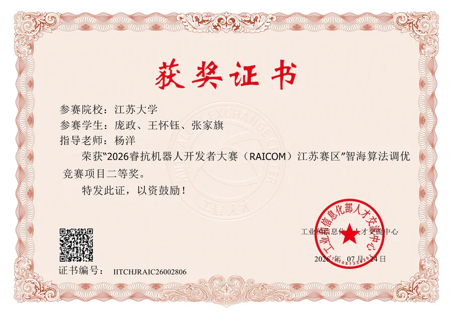 2026 RAICOM Jiangsu Division Second Prize Certificate