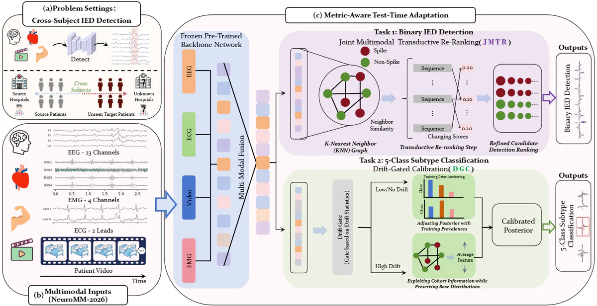 Metric-aware test-time adaptation framework for cross-subject multimodal IED detection
